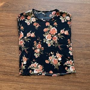 Forever 21 Black Cap Sleeve Blouse with Pink Rose Print - Size Medium